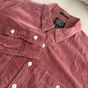 J Crew Sporting Goods Medium Red Chambray Shirt White Stitching Tab Closure